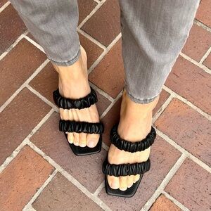 Revolve Raye Posh Sandals Ruched Two Strap Black Leather Block Heel Mule Size 9